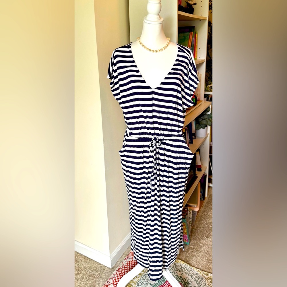 Navy Blue and White Striped V-Neck Dress